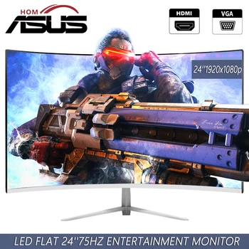 ASUSHOM-24 인치 모니터 LCD 75HZ 디스플레이 커브 스크린, 컴퓨터 모니터 PC 1K HD 게임 디스플레이 VGA HDMI 인터페이스