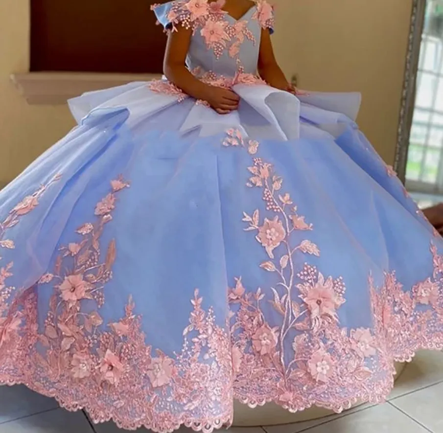Flower Girl Dress Luxury Blue Wedding Baby Princess Ball Dresses Lace Appliques Off Shoulder V-Neck First Communion Gown flower girl dresses floral appliqu&eacute; dress girls dresses