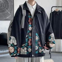 

Flower Embroidered Jacket Men Fashion Black Beige Casual Jacket Mens Streetwear Loose Hip Hop Bomber Jacket Men Large Size M-5XL