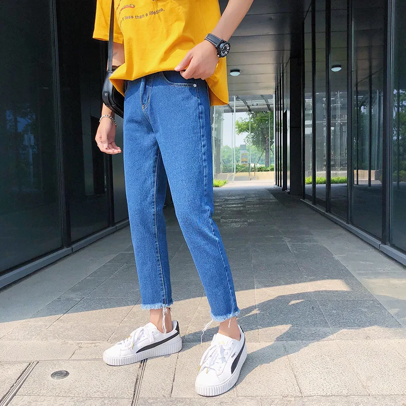 Summer 2022 Light-colored Frayed Ankle Length Jeans Men's Slim Feet Hong Kong Style Trendy Korean Boys Pants Students Leisure