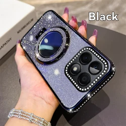 Glitter Plating Silicone Phone Case with Magnetic Bracket & Lens Protector - Pink for Honor X9a (Black)