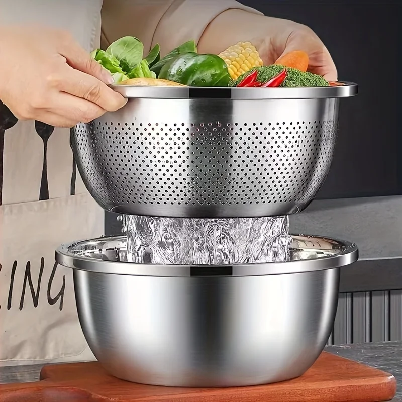

2pcs/set, Stainless Steel Double Layer Colander Basket - Large Capacity, Reusable, and Perfect for Washing Fruits and Vegetables