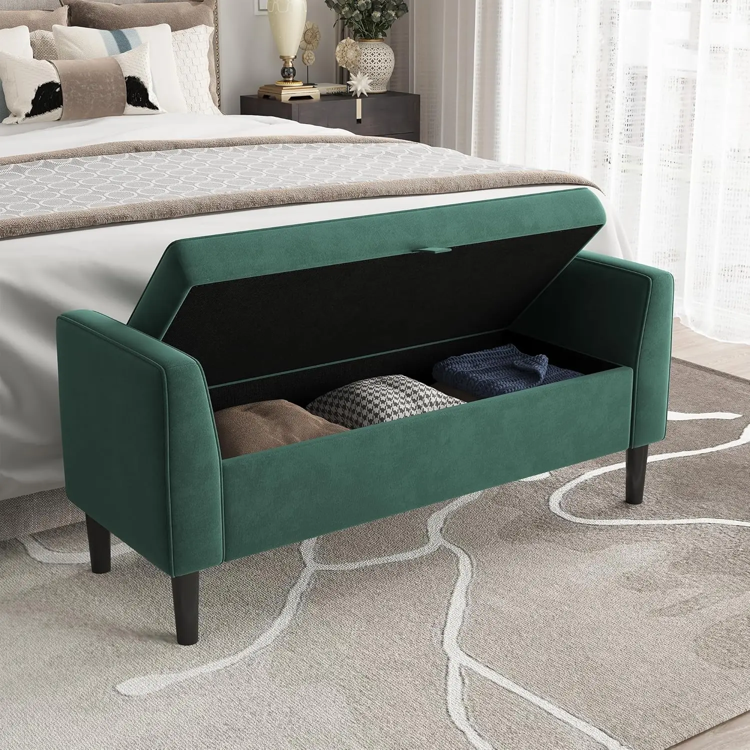 46,5-Zoll-Aufbewahrungsbank, Ottomane, Samt, gepolstertes Ende des Bettes, Bank, Fußstütze, Sitz für Schlafzimmer, Eingangsbereich, Wohnzimmer, Schrank – Detail 11