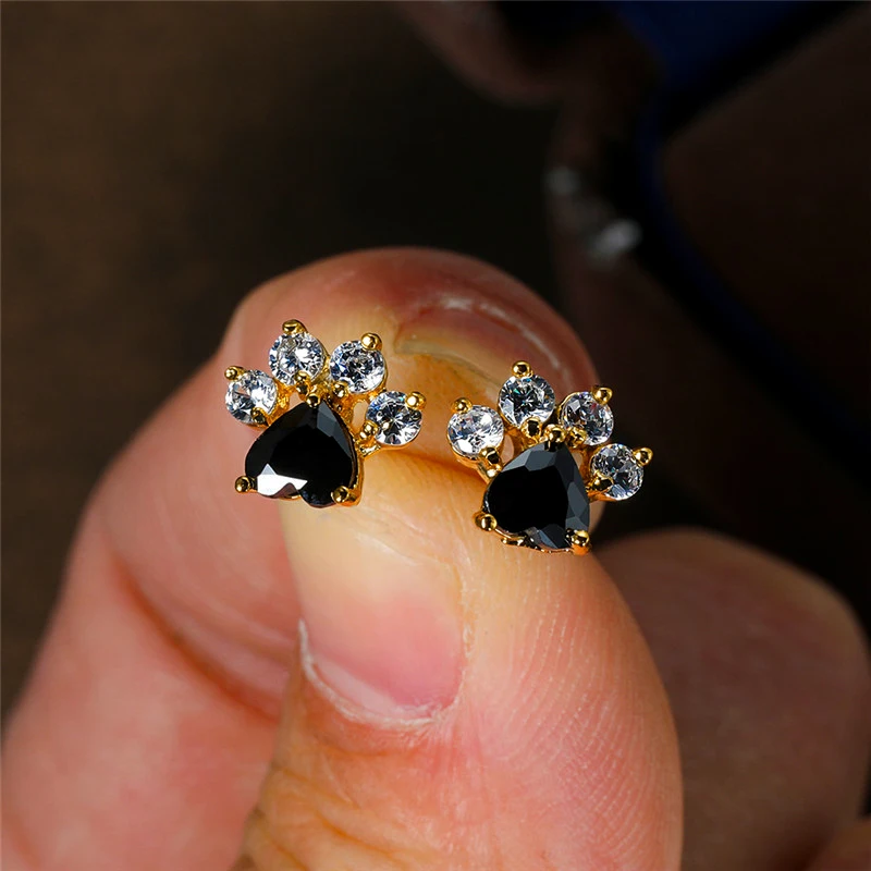 Fashion Female Small Black Crystal Zircon Stud Earrings Paw Claw Heart Wedding Jewelry For Women
