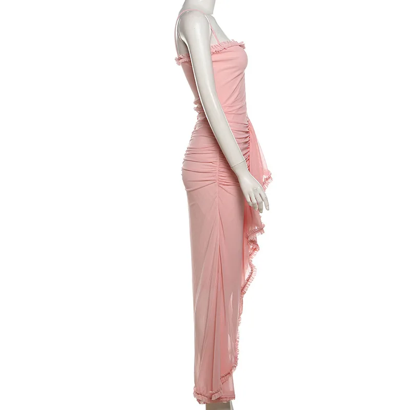 Ruffle Cut Out Maxi Dress - Women Spaghetti Strap Sweetheart Neck Cut Out Ruffle Maxi Dress