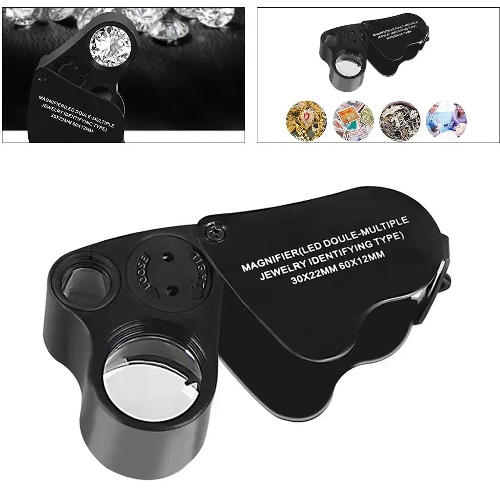 Jewelers Loupe Magnifier 30X 60X Illuminated Foldable With Bright LED Light For Gems Jewelry Coins Stamps