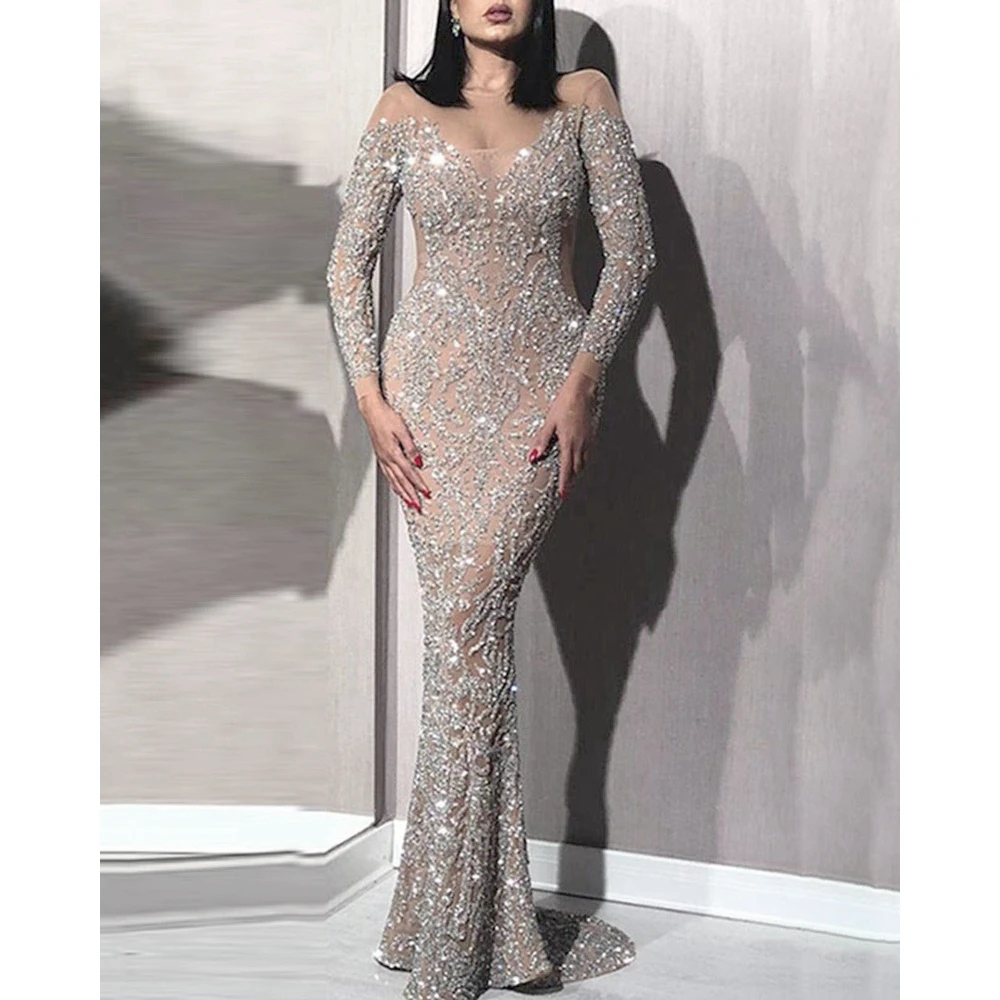 

Women Sheer Mesh Contrast Sequin Bodycon Maxi Evening Dress Femme Sexy Birthday Party Long Sleeve Dress Elegant Vestidos Gowns