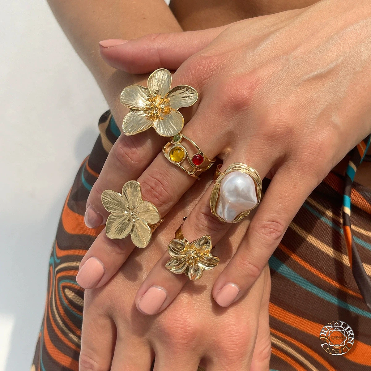 Rings Set Vintage Gold Color Geometric Pearl Flower Metal