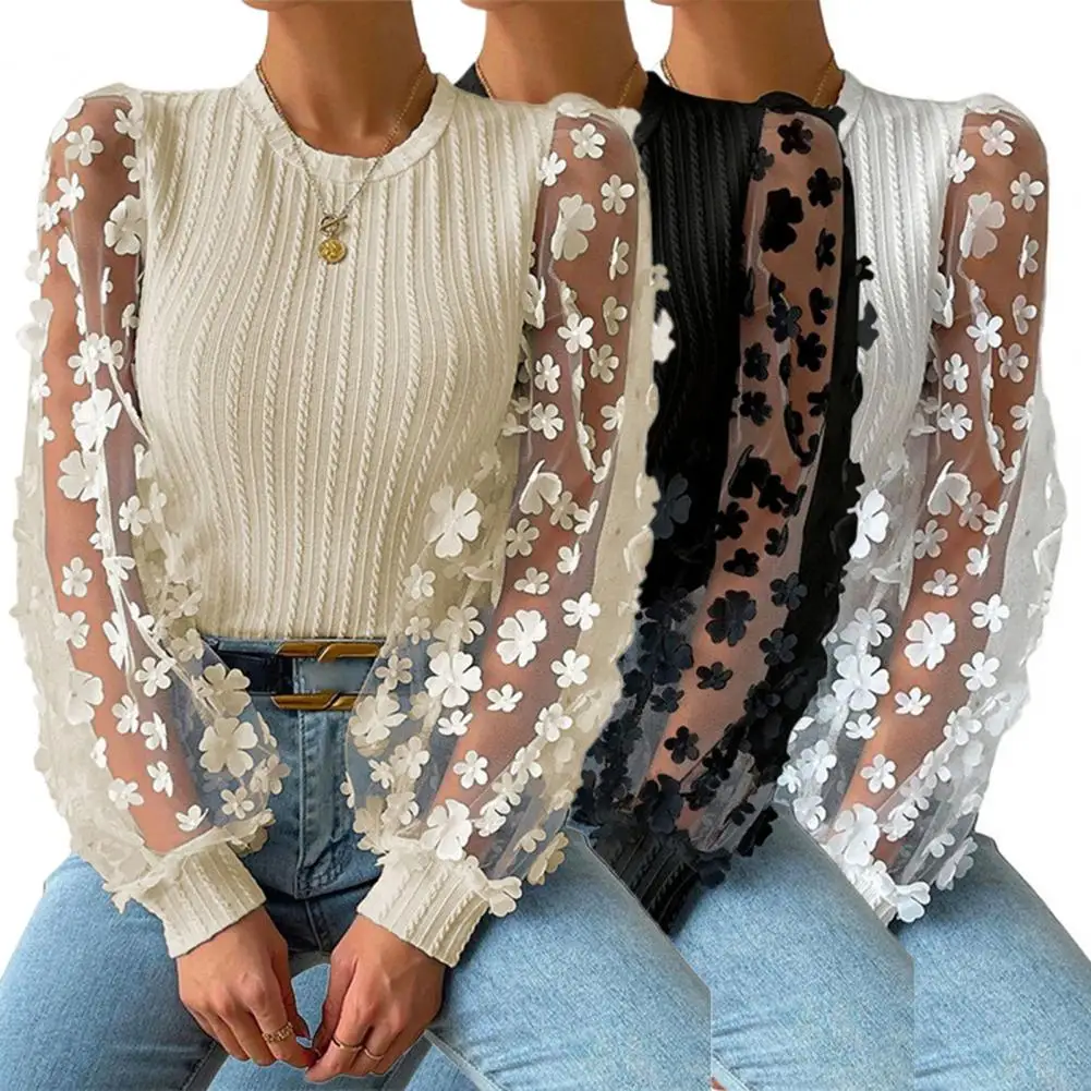 

Classic Crew Neck Shirt Elegant Mesh Flower Long Sleeve Shirt for Women Round Neck Solid Color Pullover with Soft Patchwork