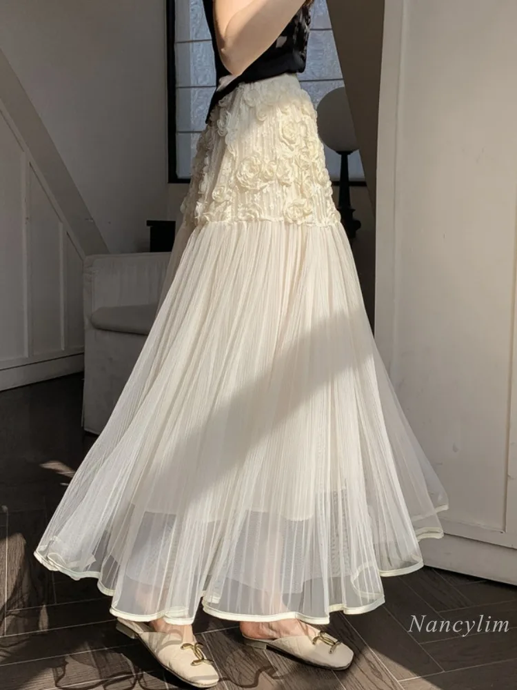 Gentle Pleated Long Skirt for Women Summer High Waist Design Three-Dimensional Flower Skirt Drape Super Fairy Mesh Skirts