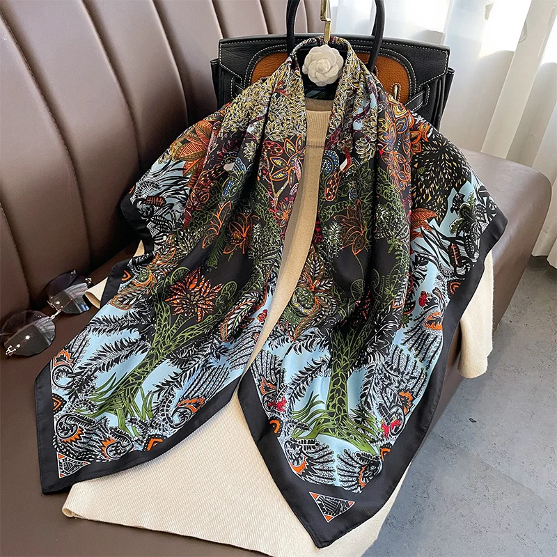90*90cm Luxury Brand Silk Square Scarf Hijab Women Bandana Soft Scarves Neckerchief Ladies Hair Shawl Wrap Headband 5