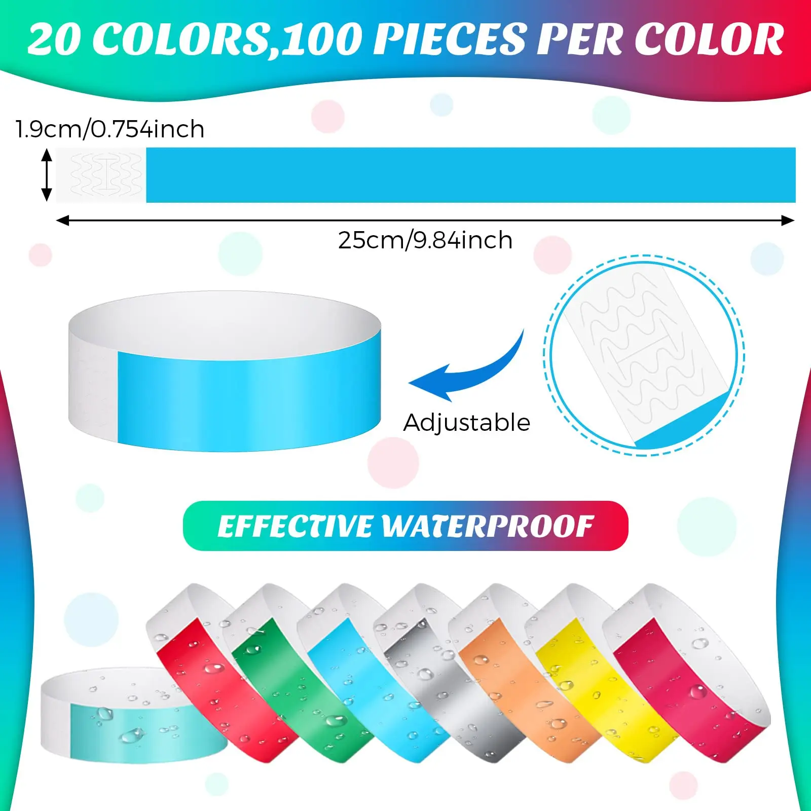 2000Pcs Synthetic Tyvek Paper Wristbands for Events Bulk Variety Neon Waterproof Bands Adhesive Armbands for Festivals,20 Colors