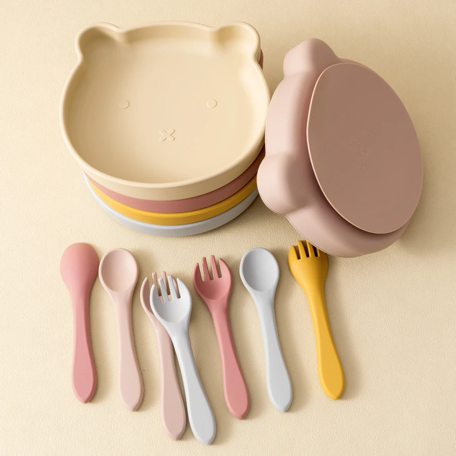 3PCS Silicone Baby Dishes Soft Spoon Fork Cartoon Bear Plate Suction Lunch Box Solid Color Baby Food Storage Toddler Tableware