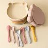 3PCS Silicone Baby Tableware Snack Dishes Soft Spoon Fork Cartoon Bear Plate Solid Color Baby Food Storage Suction Lunch Box 2