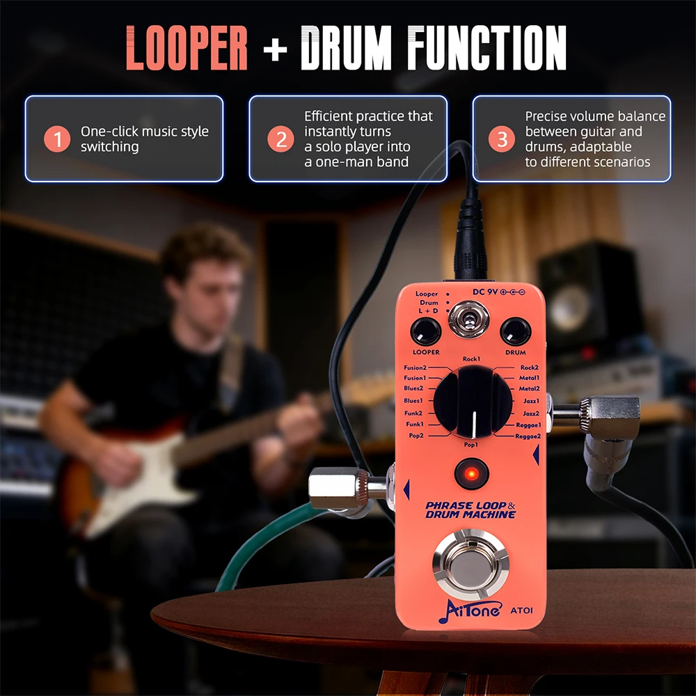 AITONE Series AT-01 Looper Pedal 8 Drum Styles 20 Minutes Looping Time Drum Mach