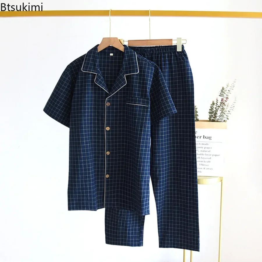 

Fashion New Men's Casual Pajama Sets Plaid Design Short Sleeve Tops+Pants Sleepwear Suit Man Simple Comfy Washed Cotton Homewear