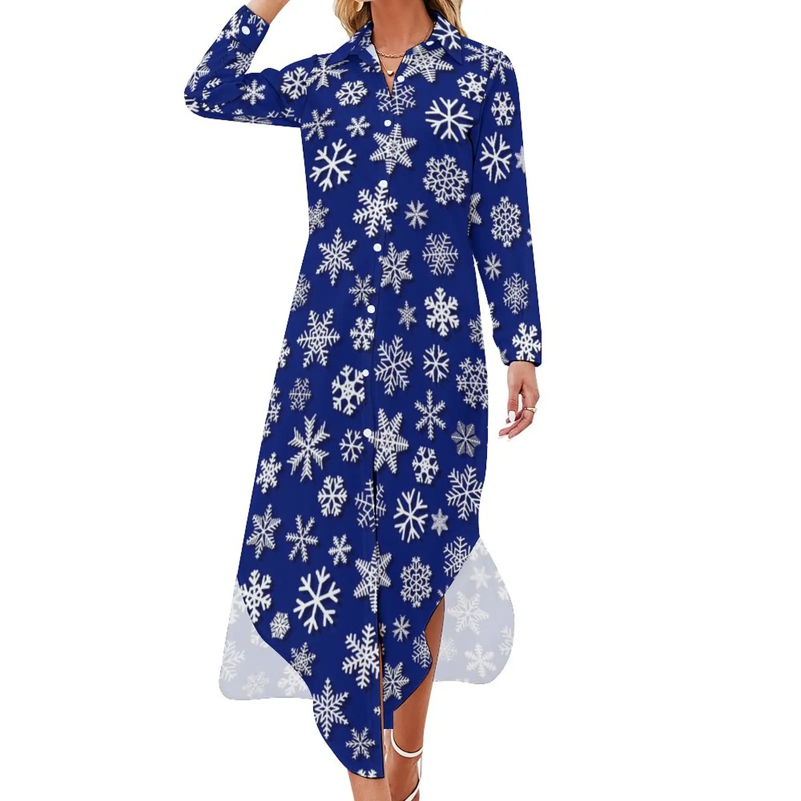 

Oodles of Snowflake Casual Dress Retro Print Aesthetic Dresses Long Sleeve Retro Womens V Neck Custom Oversize Chiffon Dress