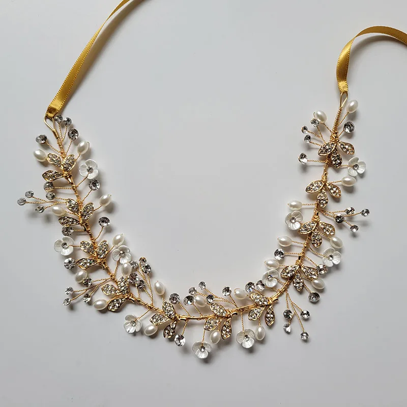 SLBRIDAL Handmade Rhinestones Crystal Pearls Floral Leaf Bridal Wedding Tiara Headband Headpieces Women Jeweley Hair accessories