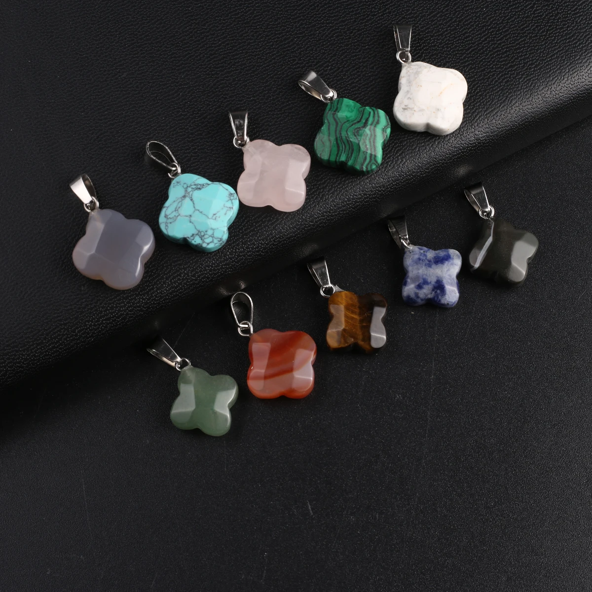 Wholesale Lucky Four-leaf Clover Shape Natural Stone Pendant Jewelry Making DIY Agate Malachite Necklace Earrings Accessories