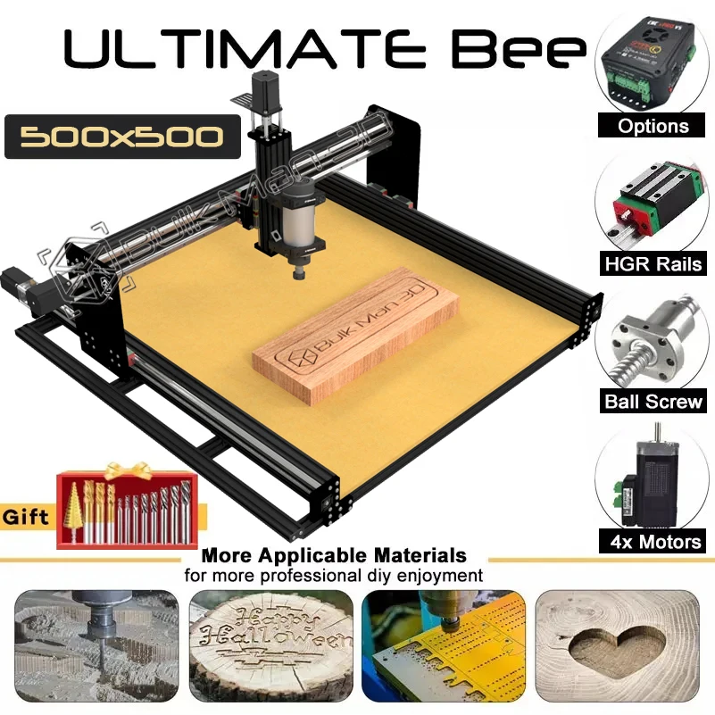 

20%off BulkMan3D Black 500x500mm ULTIMATE Bee CNC Router Full Kit Upgrade Ball Screw Quiet Transmission Wood Engraving Machine