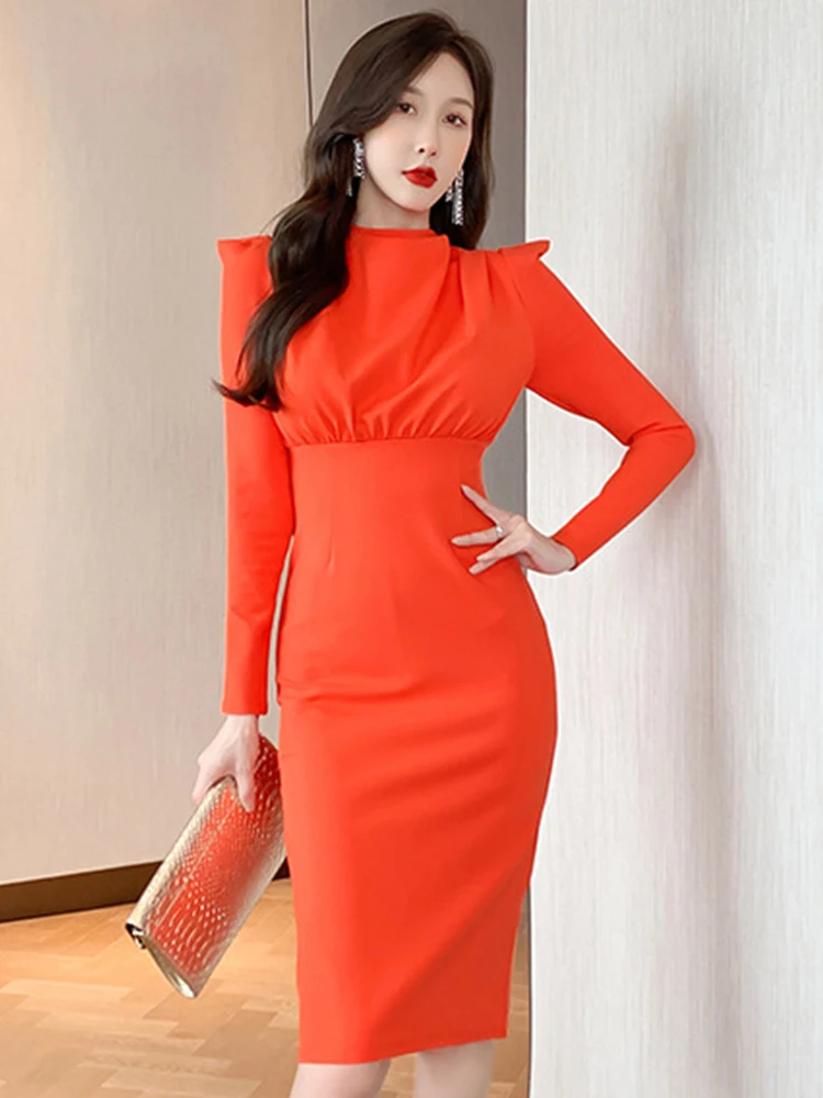 

Elegant Fashion Midi Dresses for Women 2023 Orange Long Sleeve High Waist Split Bodycon Skinny Dress Lady Street Office Vestidos