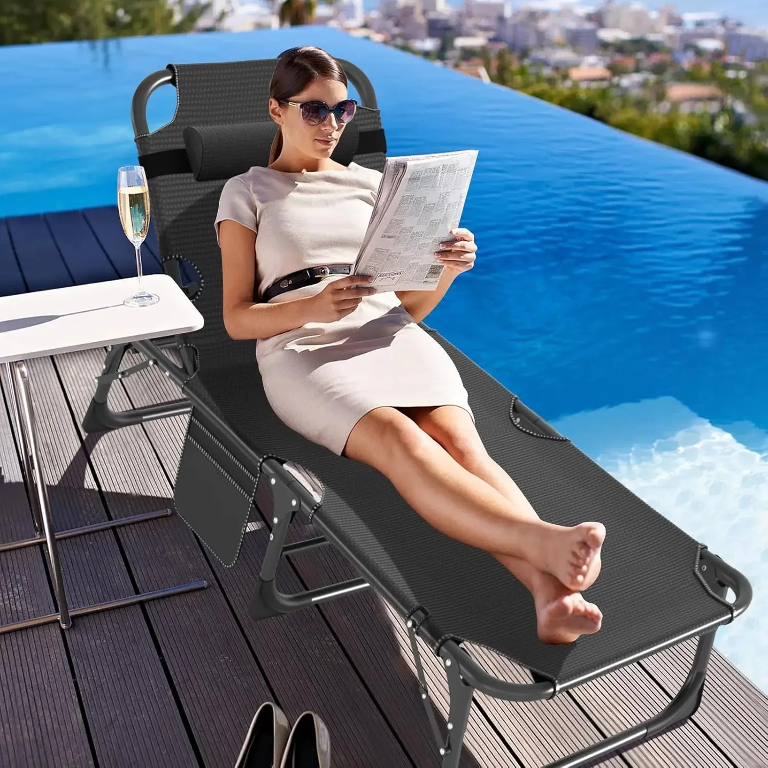 NEW-2PK Oversized Chaise Lounge Chair,5 Positions Padded Outdoor Tanning Chair,Heavy Duty Portable Chair for Sunbathing Patio Po