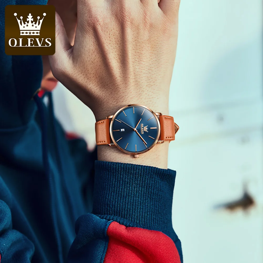 OLEVS Fashion Quartz Watch for Men Casual Leather Strap Ultra Thin Men's Watches Date Simple Dial Waterproof Wristwatches Reloj