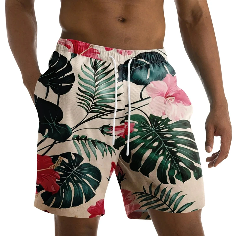 Coconut Leaves Men's Flowers Beach Briefs Summer Big Size Swimwear Men Board Shorts Casual Hawaiian 3D Holiday Trunks Stripe 3