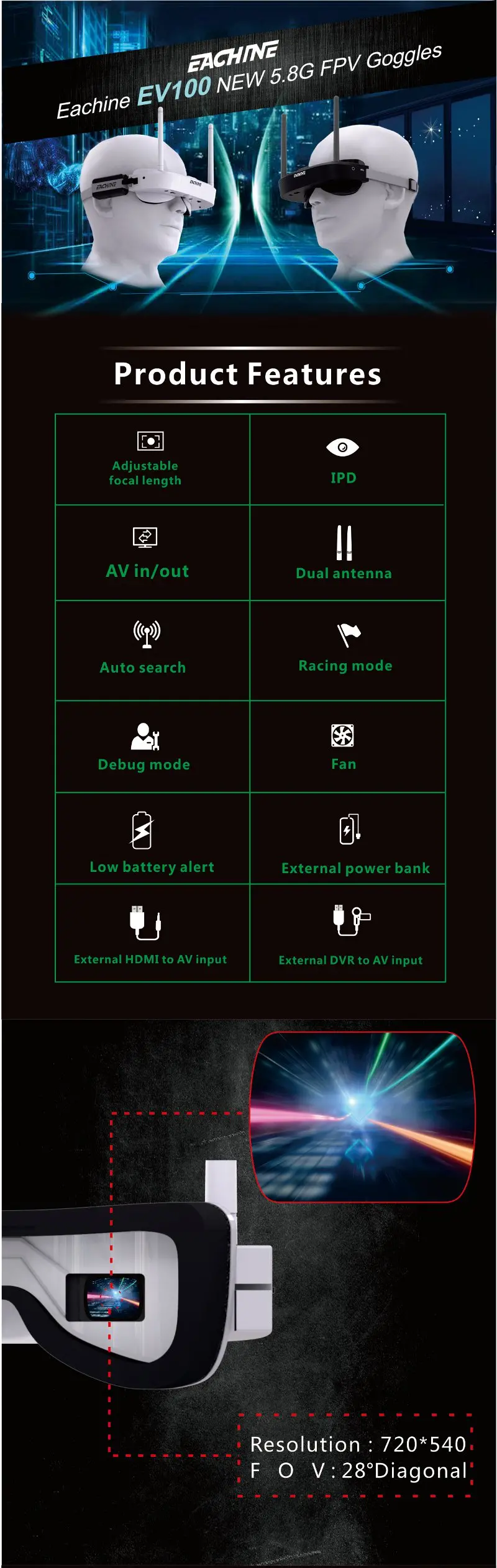 Eachine EV100 720*540 5.8G 72CH FPV Goggles With Dual Antennas Fan 18650 Battery Case For RC Drone