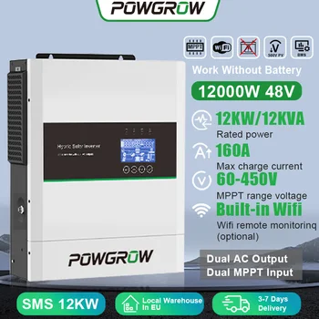 Inverter Solare Ibrido POWGROW 12KW con Doppio Ingresso e Doppia Uscita 6000W MPPT 220V 48V, Caricatore Solare 160A con BMS WIFI