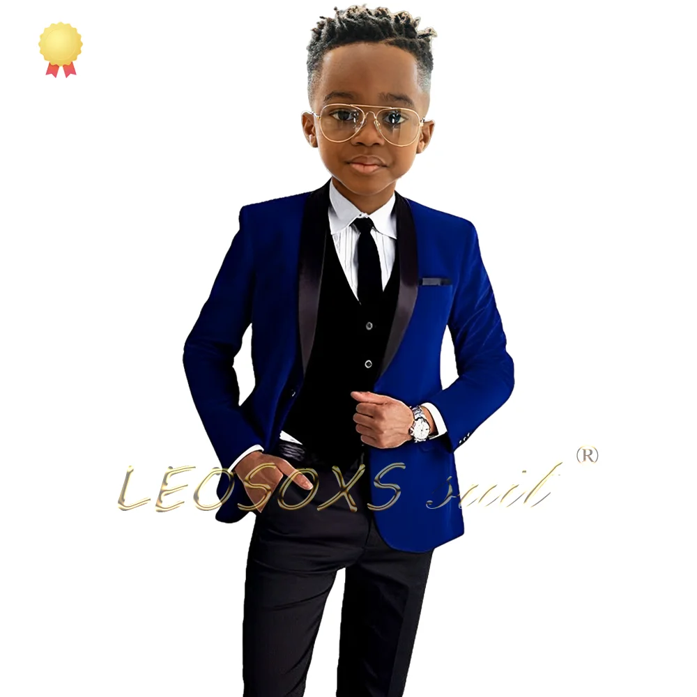 Boys Formal Suit Set 3 Piece Suit-Single Button Royal Blue Suit Velvet Jacket Black Vest Pants Wedding Tuxedo boys formal suit set