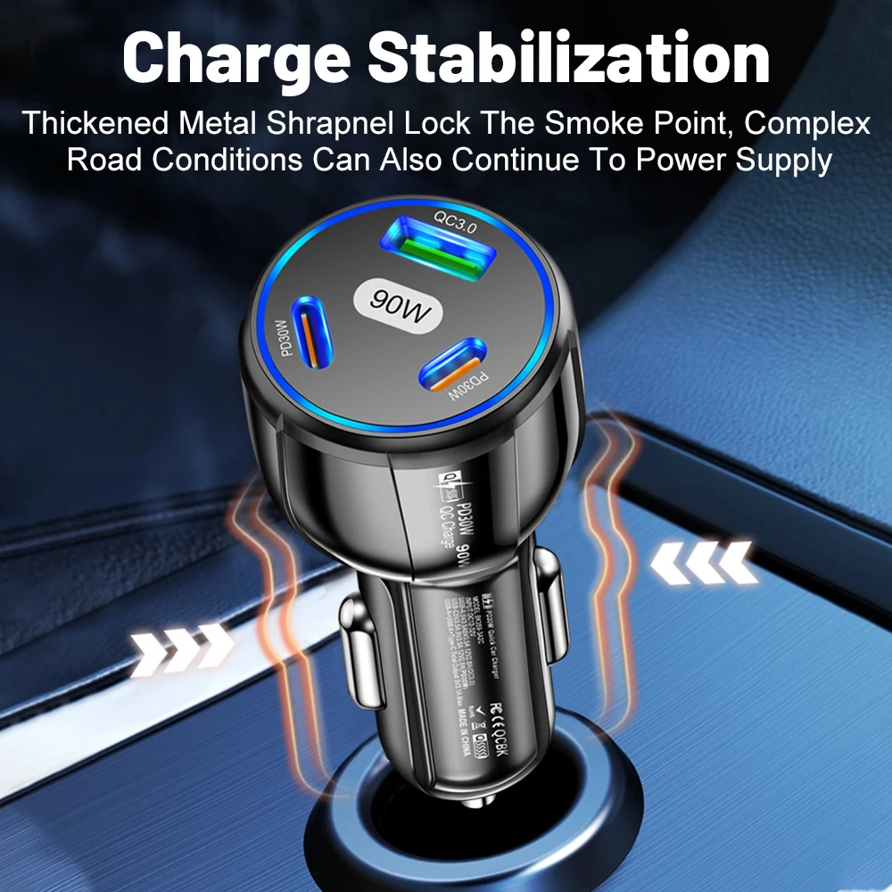 Car Charger 90W 3-in-1 QC3.0 PD Type C USB Moblie Phone Fast Charging for IPhone Xiaomi Samsung Car Quick Charger Adapter