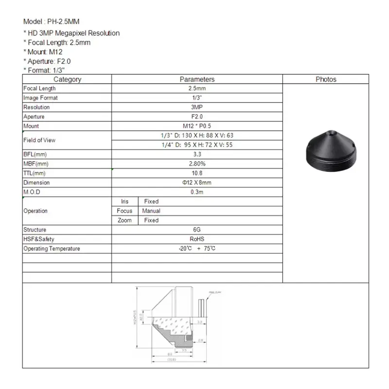 HD CCTV lens Pinhole 2.5MM  M12*0.5 Mount 1/3"  F2.0  110 degree for Mini  Surveillance Security  Cameras - Image 4