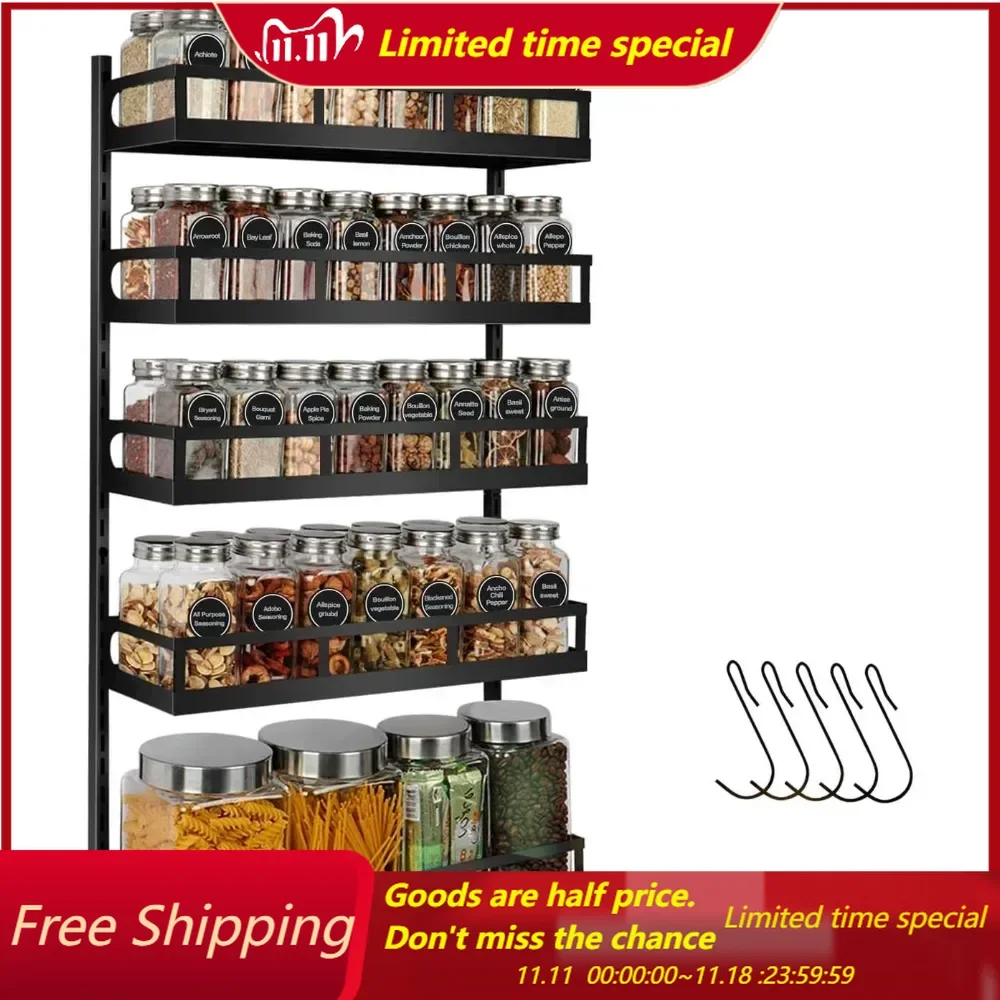 Wall Mount Spice Rack Organizer 5 Tier Height-Adjustable Hanging Spice Shelf Storage for Kitchen Pantry Cabinet