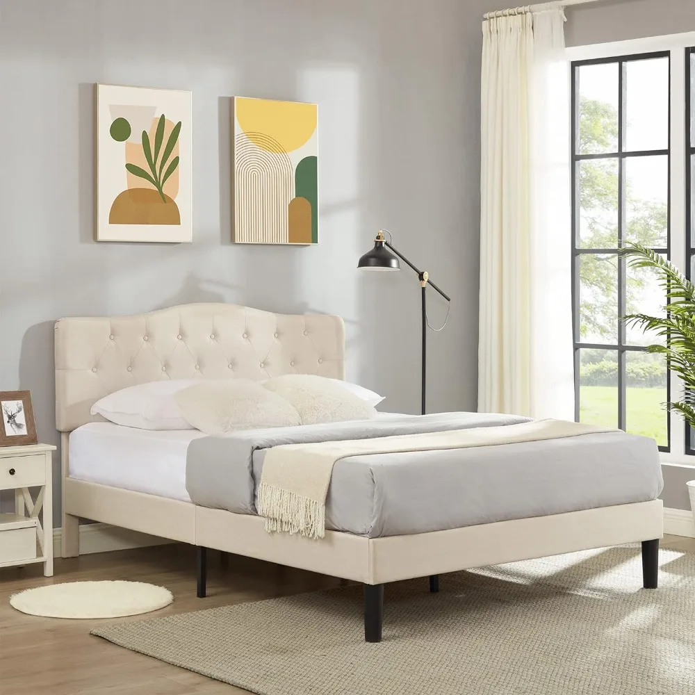 

Full Size Bed Frame Upholstered Platform with Tufted Adjustable Headboard/Mattress Foundation with Wood Slat Support, Bed Frame