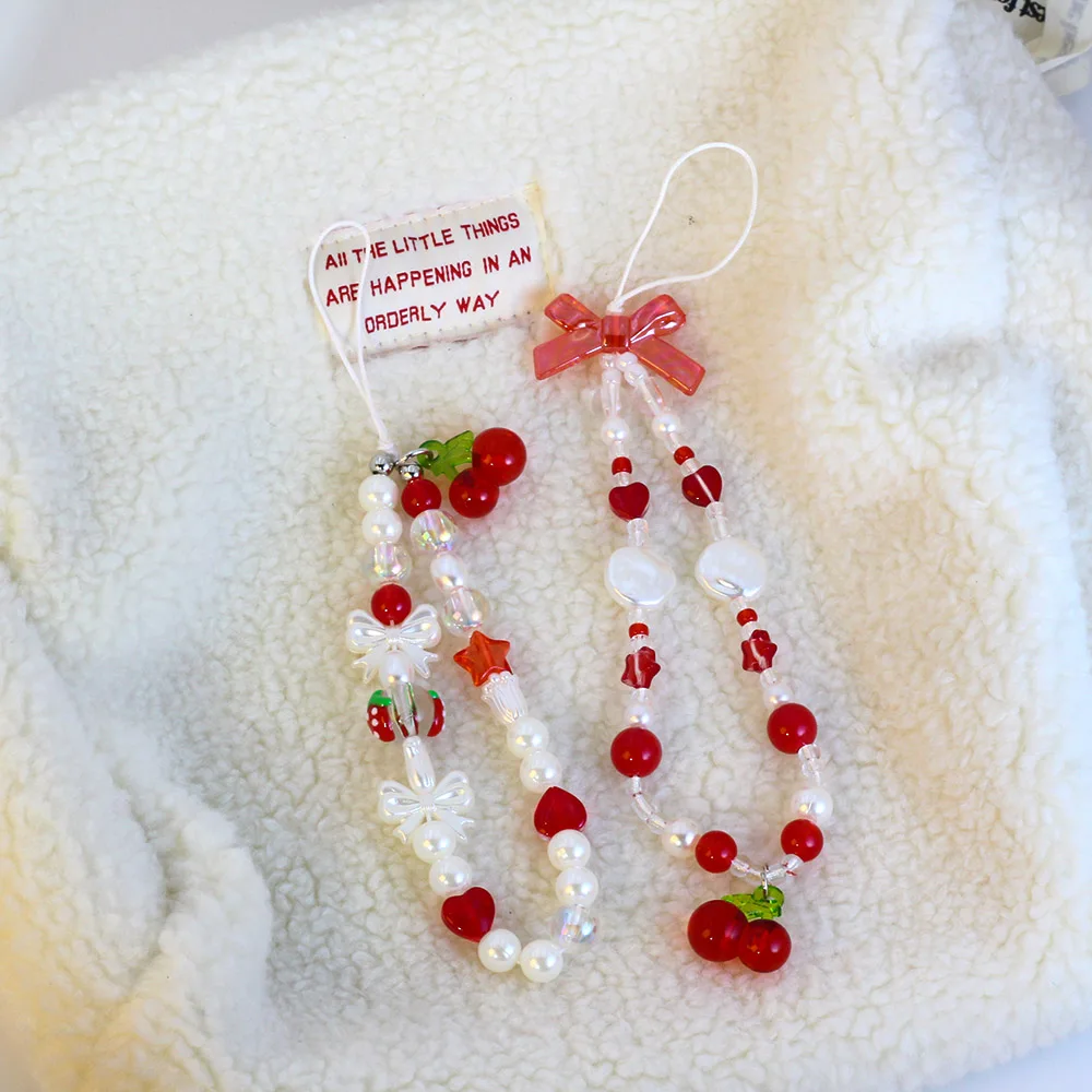 Trendy Red Cherry Bowknot Pearl Phone Charm Bracelet Keychain Strap