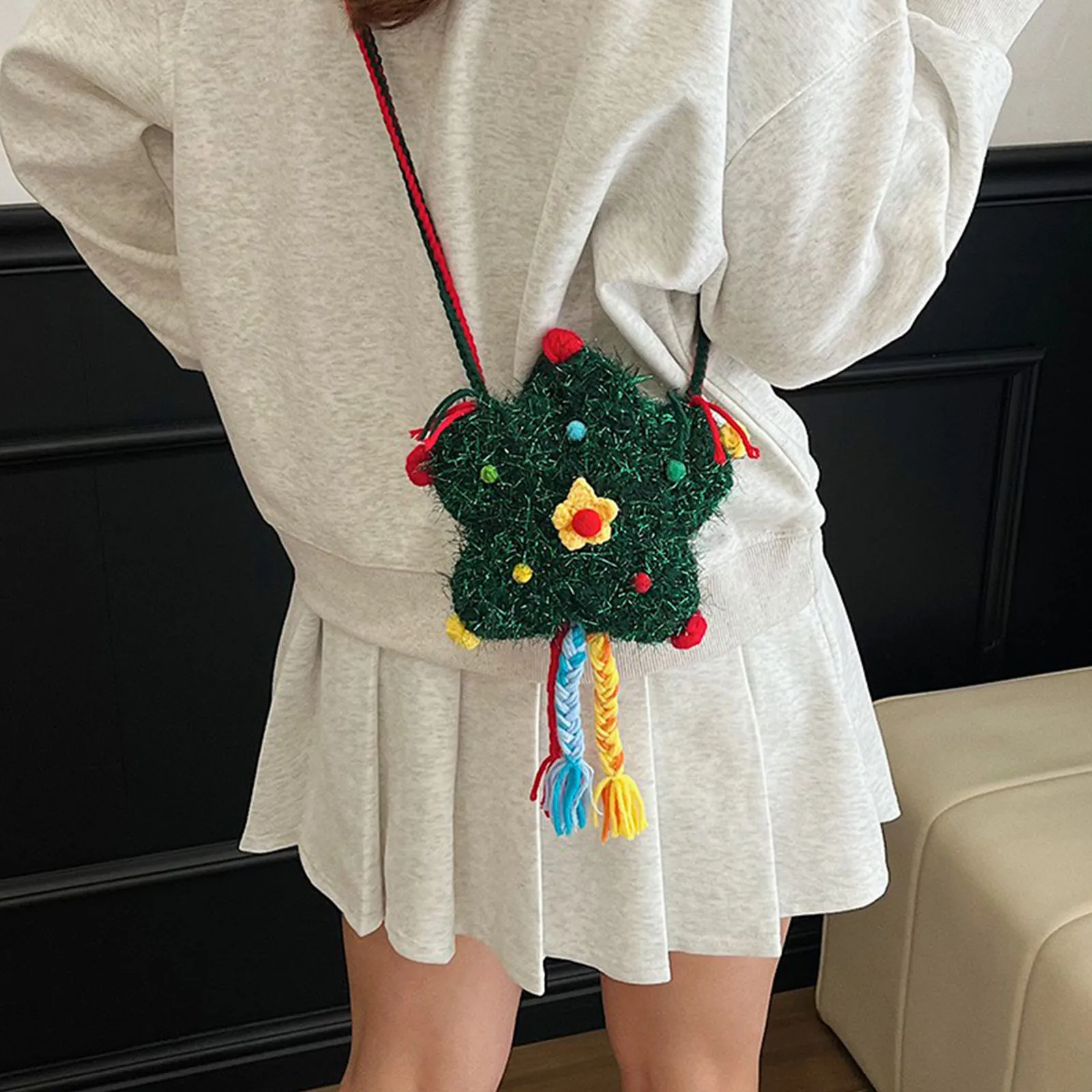 Women Christmas Knitted Shoulder Bag Autumn Winter Handmade Coin Purse Cute Change Bag for Travel Shopping Daily Use