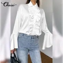 

Celmia Satin 2022 Fashion Tops Women Casual Loose Solid Lapel Blusas OL Pleated Long Flared Sleeve Ruffled Blouses Spring Shirts