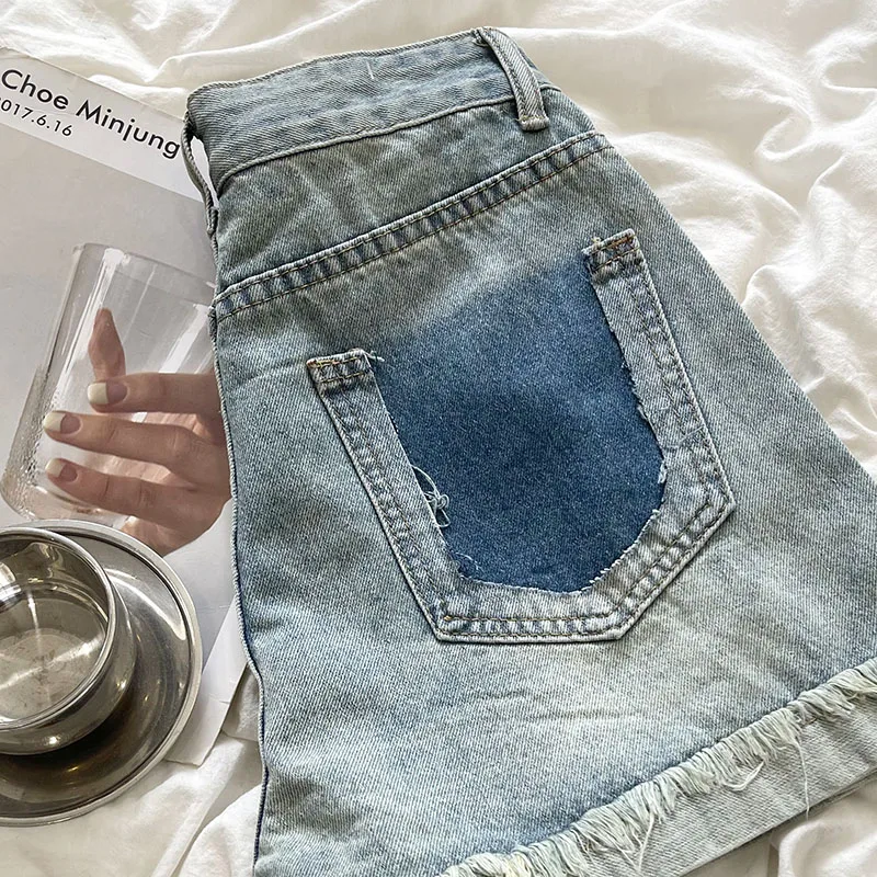 RENA retro vintage light blue washed basic high waisted slim raw edge denim shorts