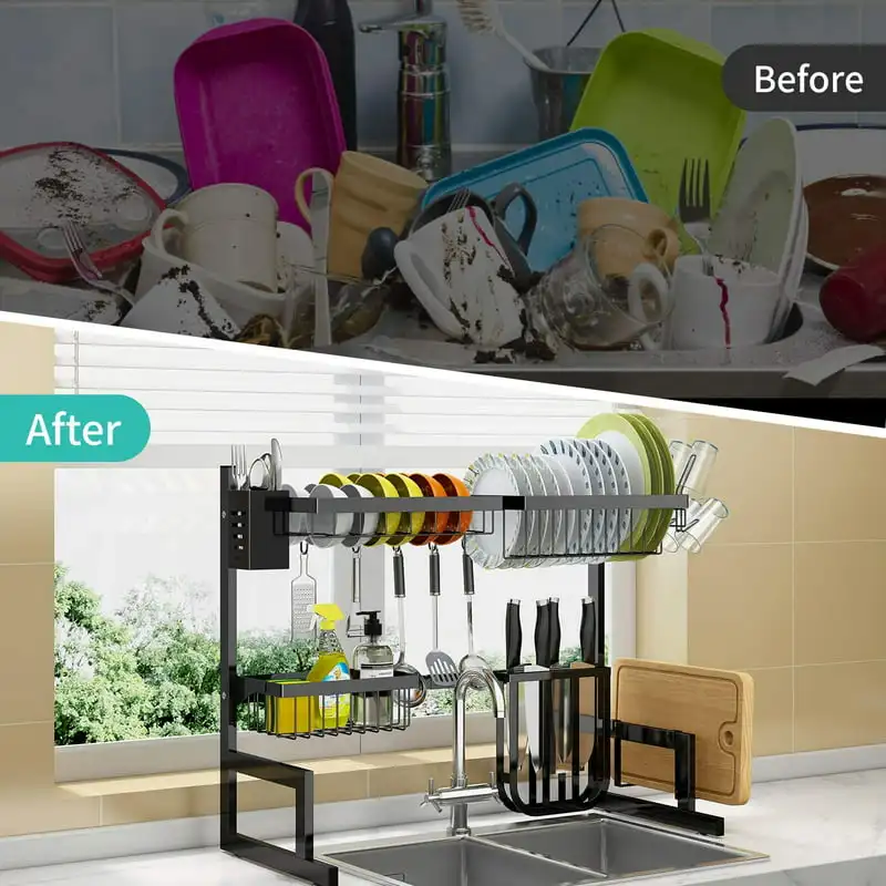 BOOSINY Over Sink Dish Drying Rack, Adjustable (25.6-35.5) 3 Tier Large  Dish Rack Drainer for Kitchen Storage Counter 10 Hooks - AliExpress