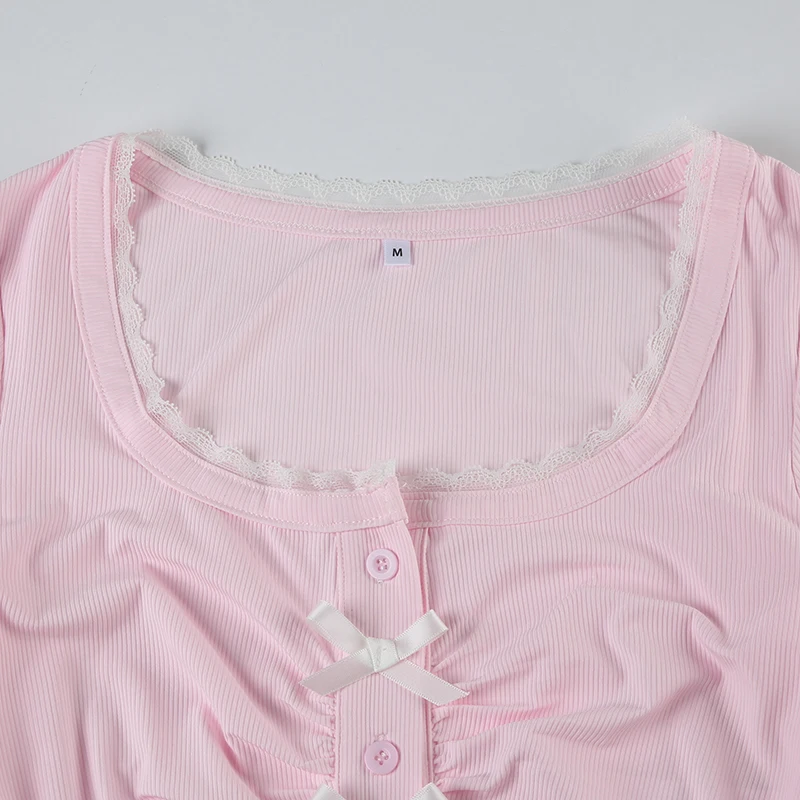Sweet Y2K Bow Detail Button Up Cropped Top Autumn Knitted Long Sleeve Cute Tshirt Chic Aesthetic Street Tee Outfits