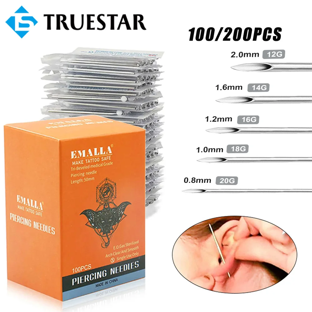 

200/100PCS Piercing Needles Disposable Sterile Body Piercing Needle 12/14/16/18/20G for Navel Nipple Lip Ring Tattoo Needles