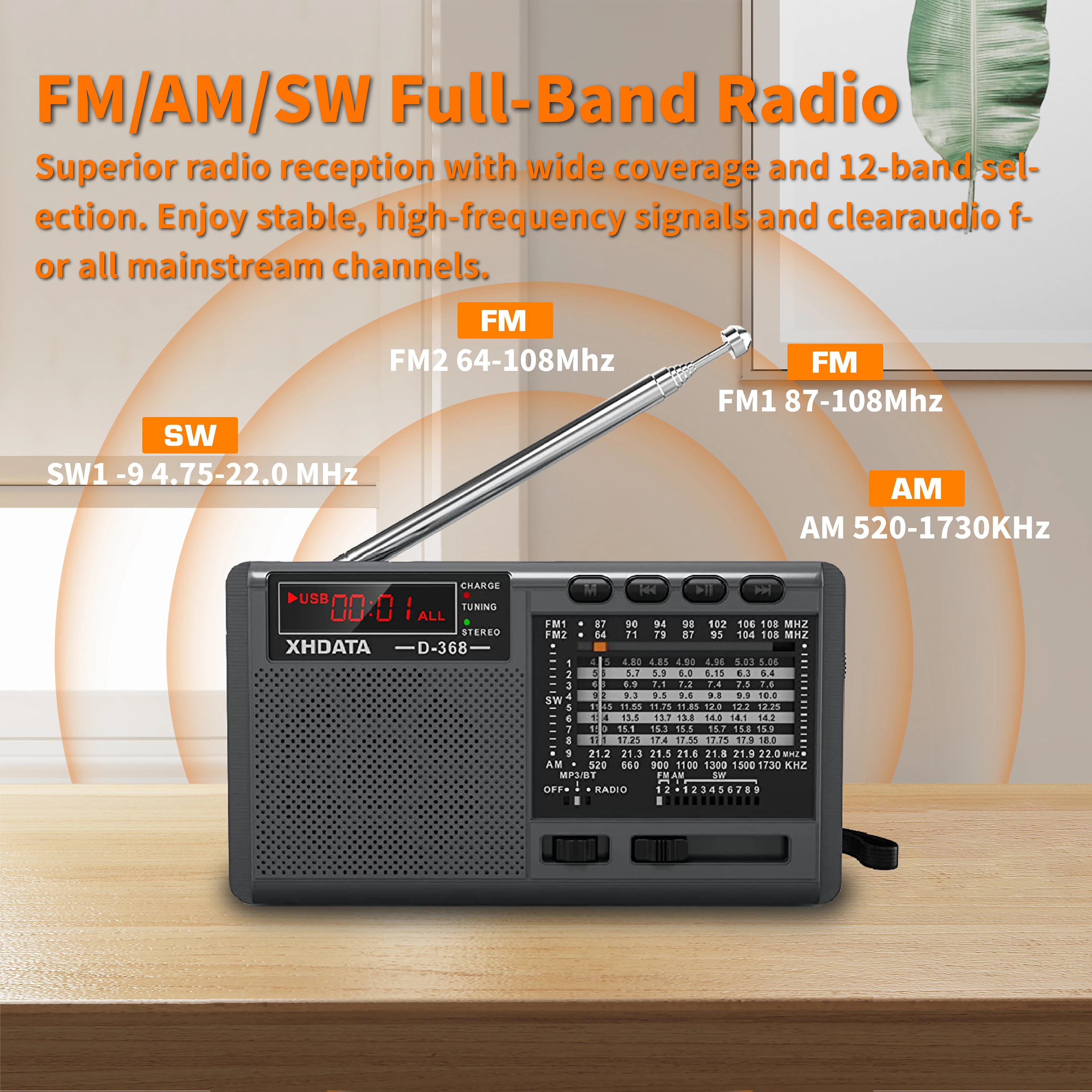 راديو XHDATA D-368 محمول بتقنية البلوتوث للتخييم، 12 نطاقًا FM AM SW، مشغل MP3 مع فتحة بطاقة TF ومدخل سماعات رأس، سهل الاستخدام لكبار السن