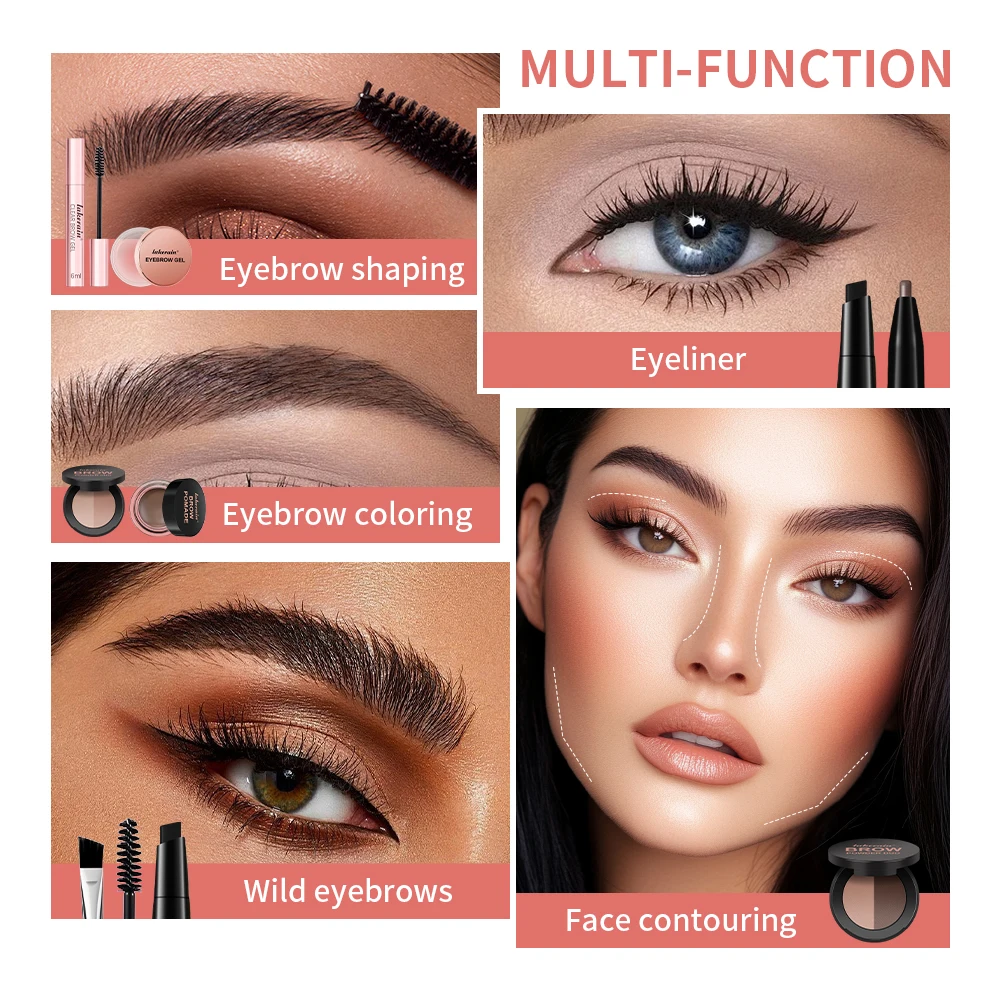 Double Ended Eyebrow Set With Brow Pencil,Brow Powder,Gel,Pomade Natural Color Shape Long Lasting Precise Outline Eye Brow Makeu