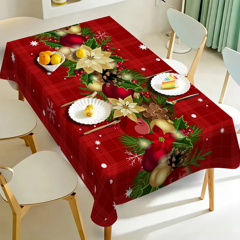 Description Picture 3 of itemChristmas Poinsettia Pine Needle Bell Rectangle Tablecloth Party Decor Reusable Waterproof Tablecloth Christmas Decorations