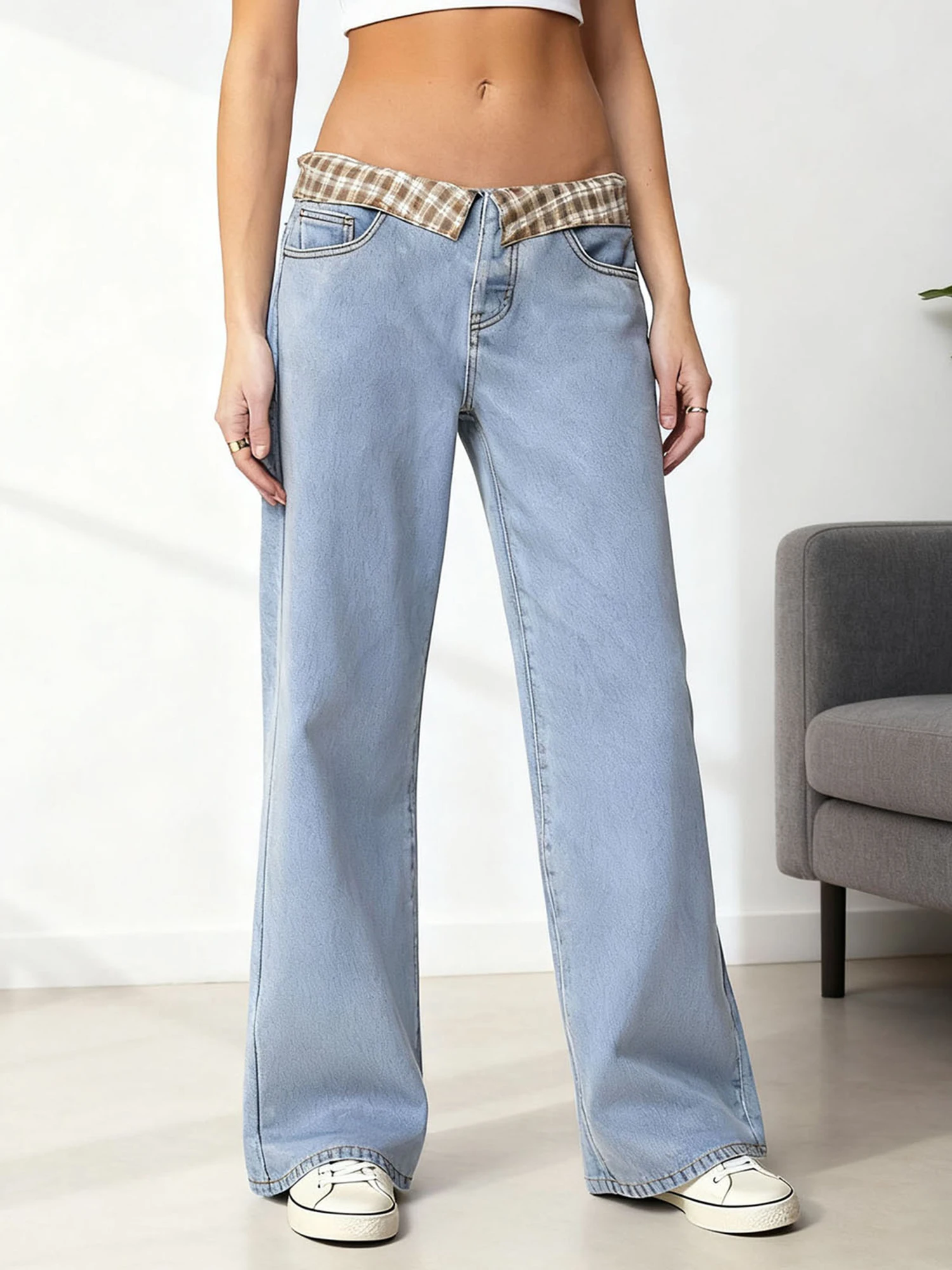 Women s Stylish Low Rise Denim Jeans with Plaid Folded Waistband and Comfortable Baggy Fit - Perfect for Streetwear Fashion