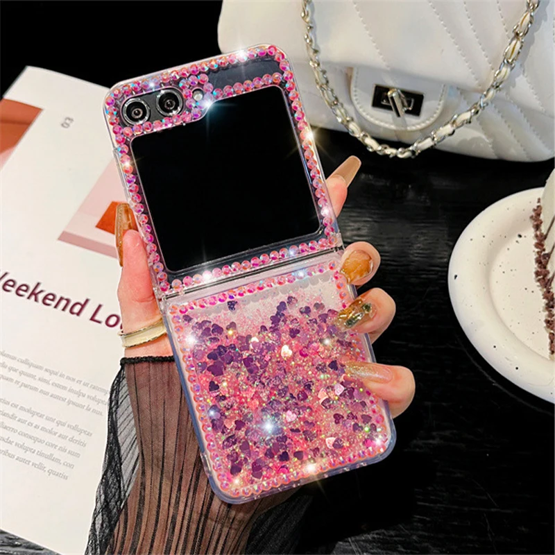 

For Samsung Galaxy Z Flip 5 Luxury Brand Cute Pearl Diamond Crystal Liquid Glitter Phone Z Flip 4 Case Flip 3 Cover z플립 5 케이스