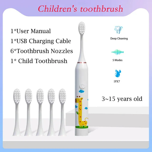 thumbnail image 1 of Cepillo de dientes eléctrico sónico para niños con dibujos animados y cabezal de repuesto para cepillo de dientes y boquillas suaves, 1 of 5