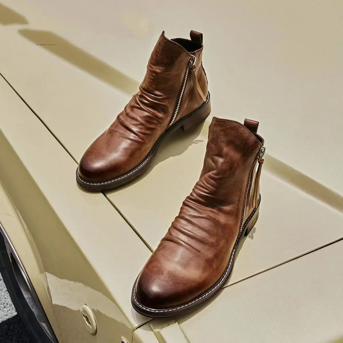 Men Leather Boots Fashion High-top Tassel Zip PU Leather Shoes Autumn Winter Ankle Boots Men Plus Size 48