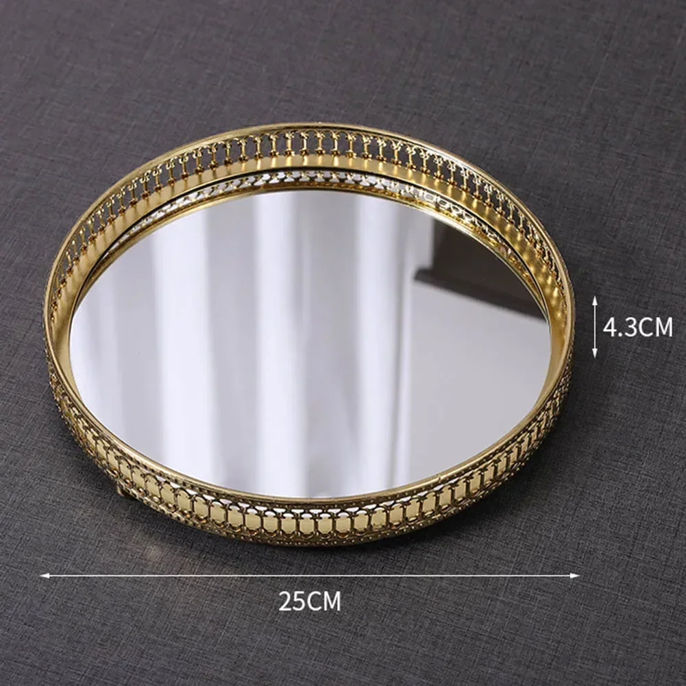European Glass Metal Storage Tray Gold Decor Luxury Home Decor Jewelry Display Living Room Mirror Glass Tea Tray Table Storage 6